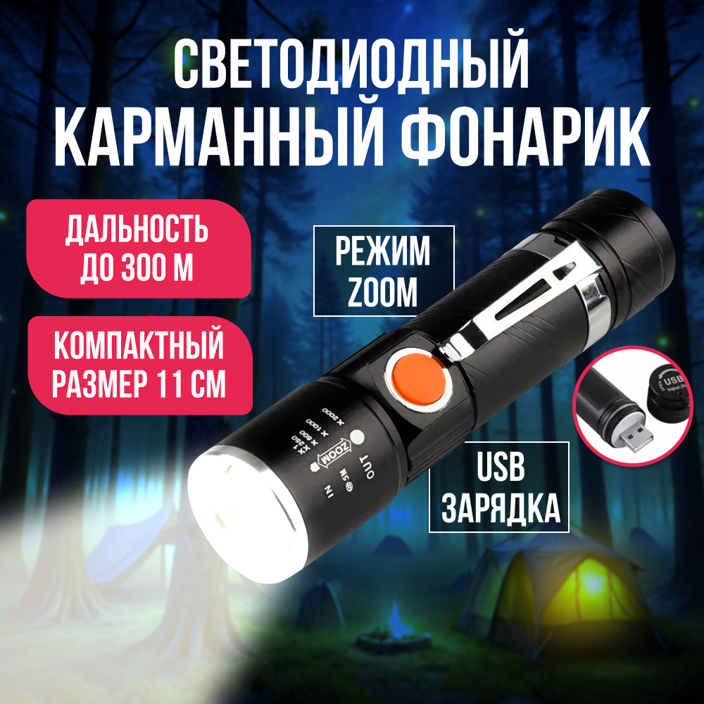 Зарядный ручной фонарь HYD-616-T6 , черный / Карманный светодиоидный фонарь, 3 режима: яркий, слабый, стробоскоп (SOS)