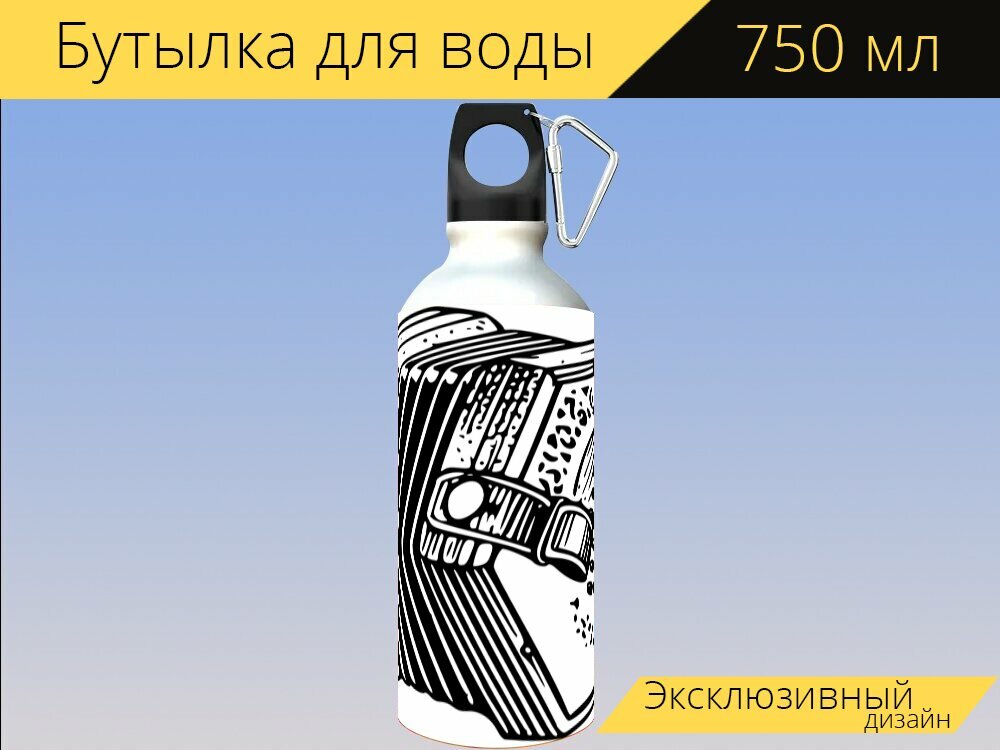 Бутылка фляга для воды "Концертина, музыкальный, инструмент" 750 мл. с карабином и принтом