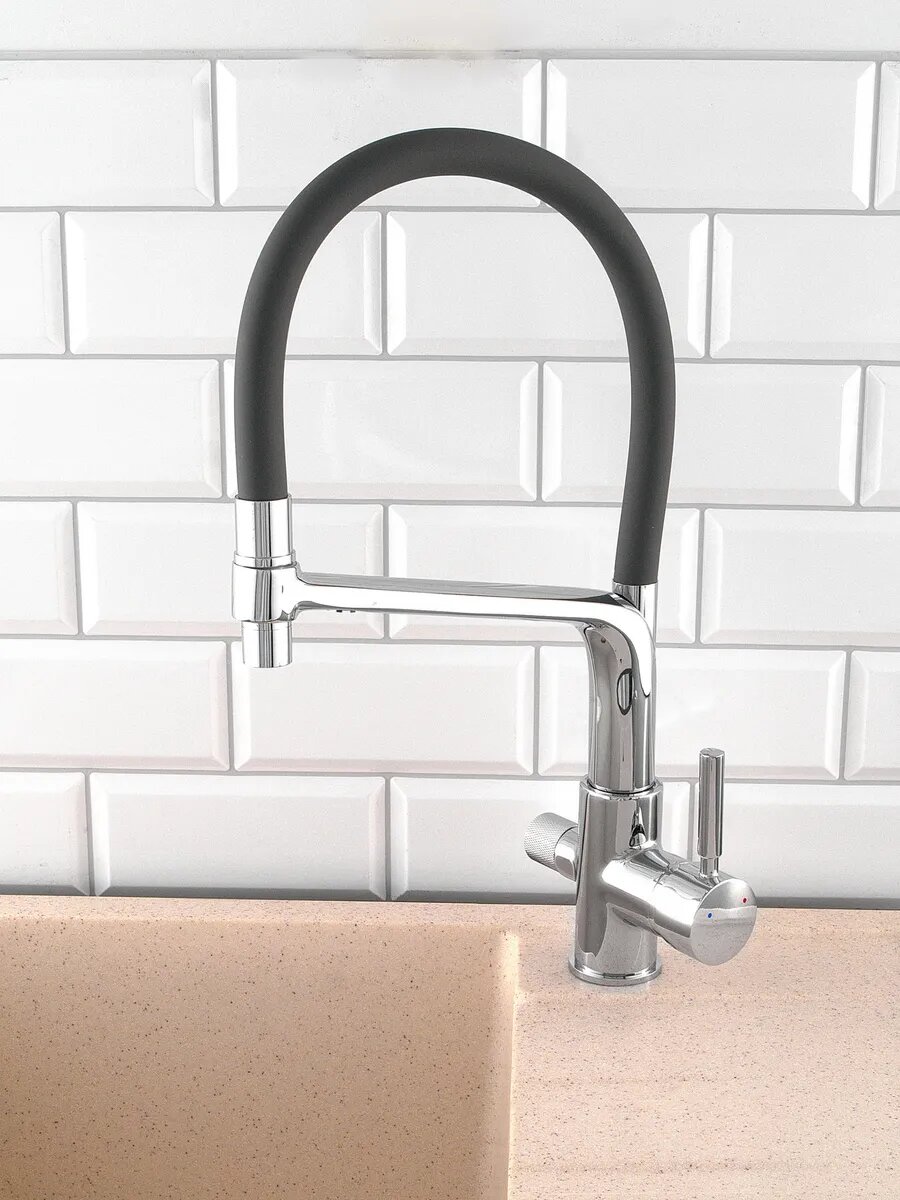 Смеситель для кухни Diadonna, латунь, с выходом для фильтрованной воды, поворотный излив, серый — фото 1