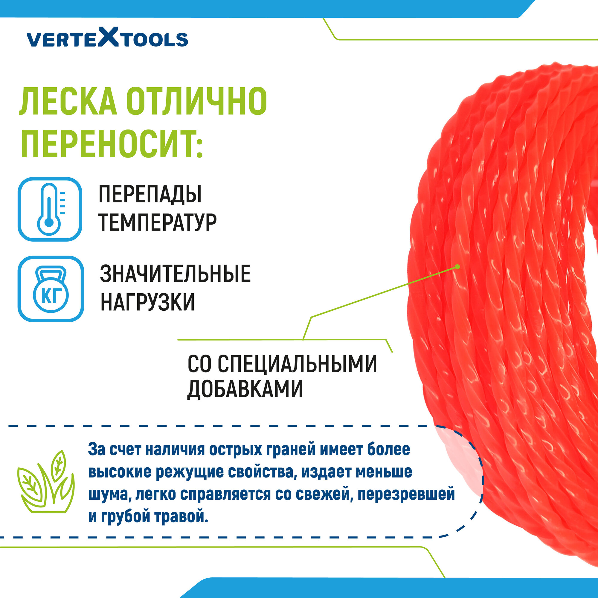 Леска для триммера VertexTools 2,4 мм 15 метров витой квадрат — фото 1