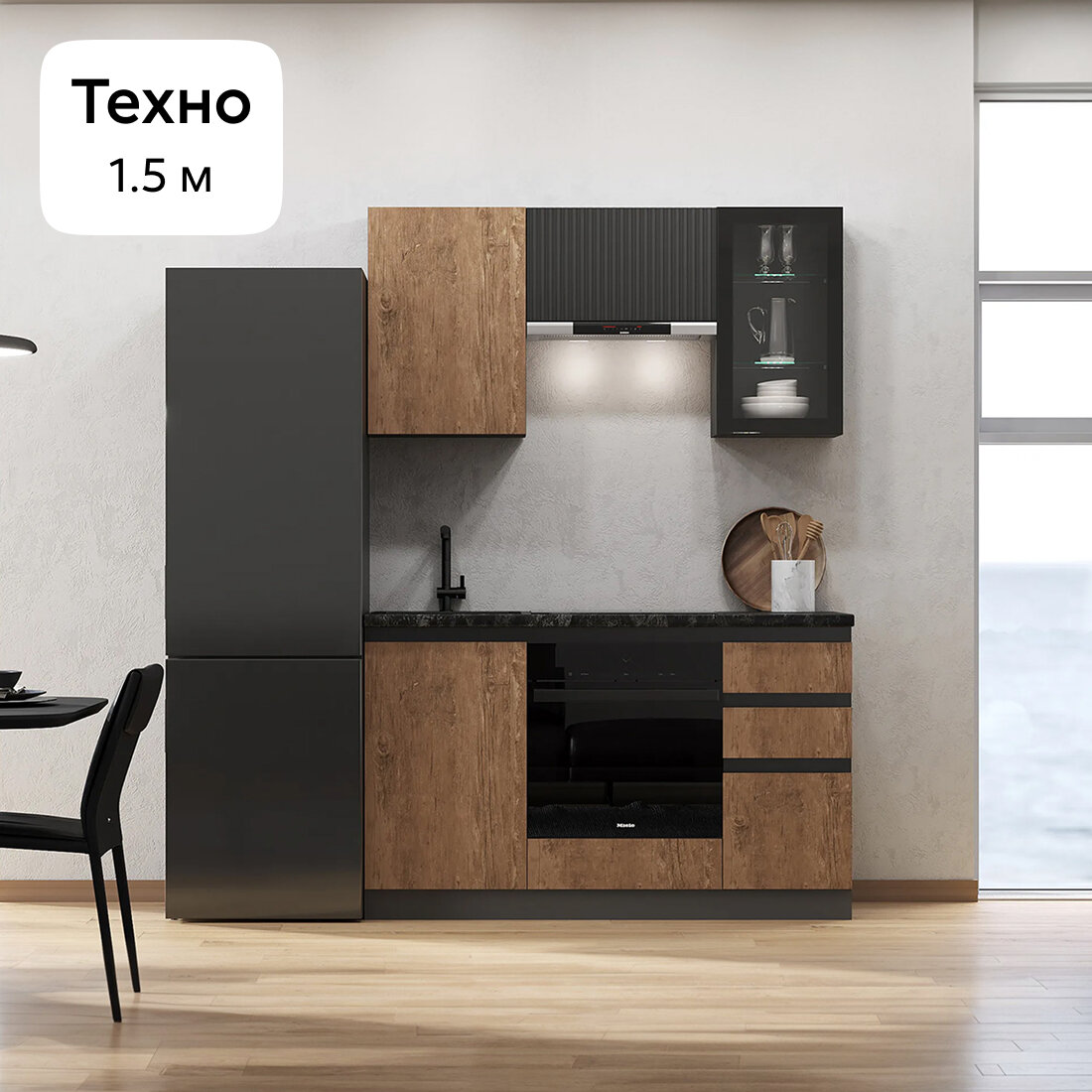 Кухонный гарнитур Нонтон Техно-6, экзотическое дерево амазония / графит софт, 150 см