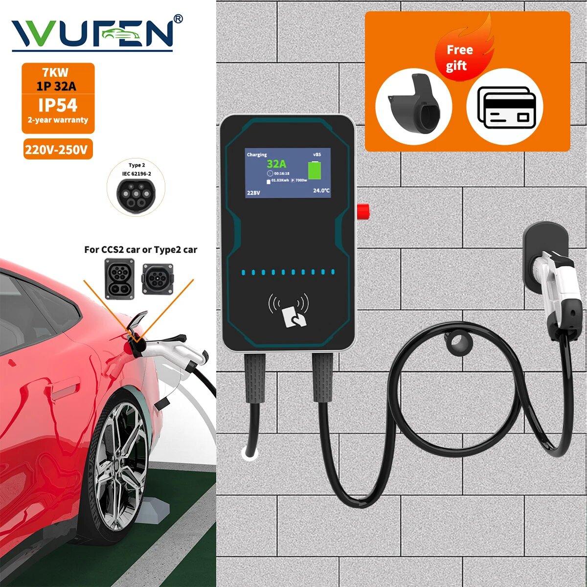WUFEN IEC 62196-2 Настенное зарядное устройство Тип 2 Вилка Зарядка карты 220 В-250 В 1 фаза 5 м Кабель Настенное крепление Зарядная станция для электромобиля, Plug and charge, Тип 2