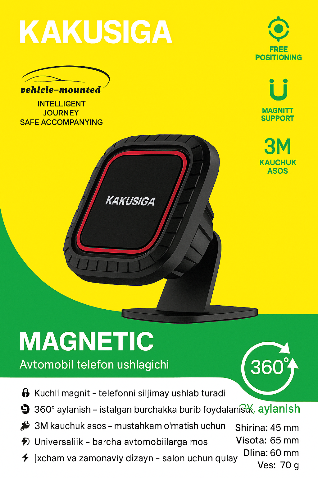 Автомобильный держатель для телефона Kakusiga Magnetic | Вращение на 360° | Сильный магнит | Резиновое основание 3M