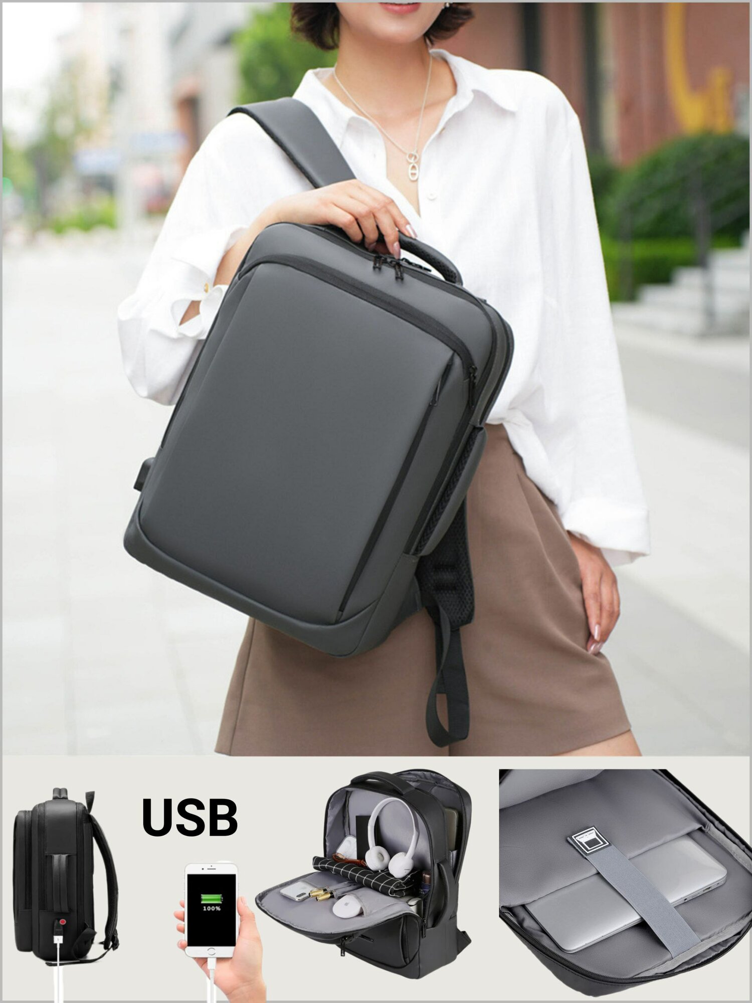 Рюкзак-сумка 1901, USB-порт, водонепроницаемый, полиэстер, серый