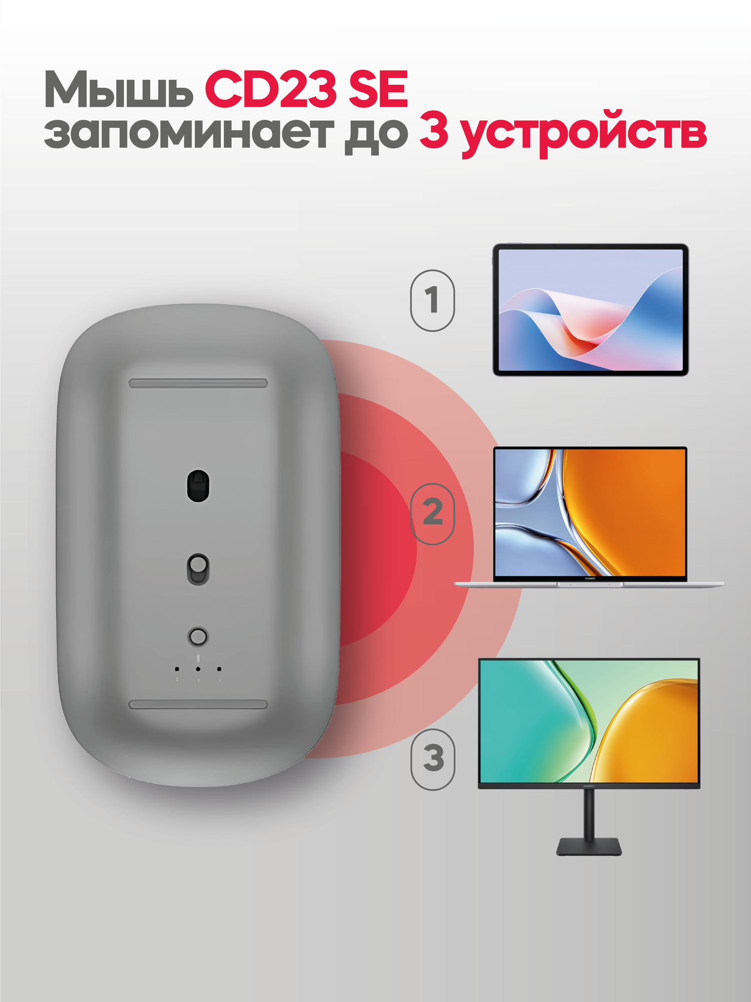 Беспроводная офисная портативная Bluetooth-мышь HUAWEI CD23 SE, светло-серая — фото 1