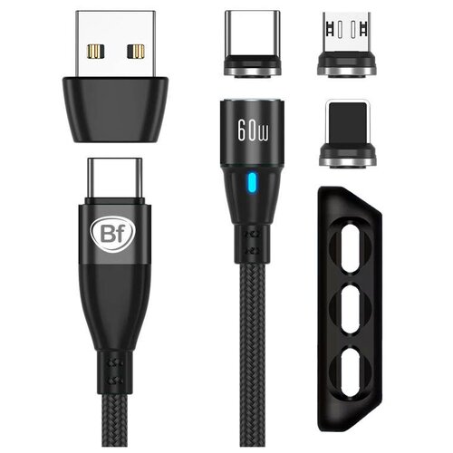 Type-C магнитный кабель Bf, 60Вт, с передачей данных, для ноутбука, смартфона, планшета, оплетка 6 в 1, А18, с держателем для магнитных штеккеров, черный