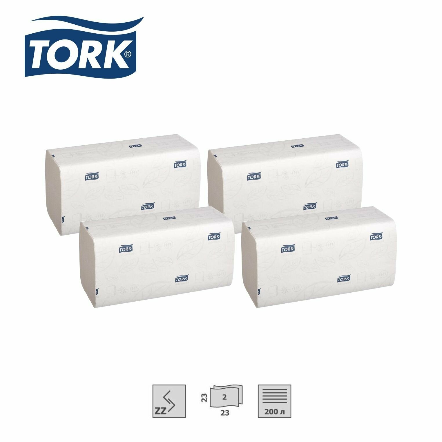 Полотенца бумажные листовые двухслойные Tork Advanced H3 ZZ-сложения, 23x23 см, 4 пачки по 200 листов (290184)