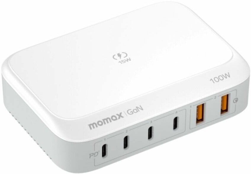 Зарядное устройство сетевое, беспроводное Momax UM28, 4xType-C + 2xUSB-A, быстрая зарядка GaN 100 Вт - Белый