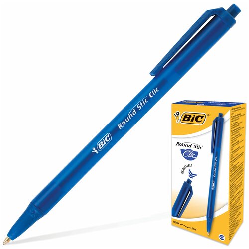 Ручка шариковая автоматическая BIC Round Stic Clic, синяя, корпус тонированный синий, узел 1 мм, линия письма 0,32 мм, 926376