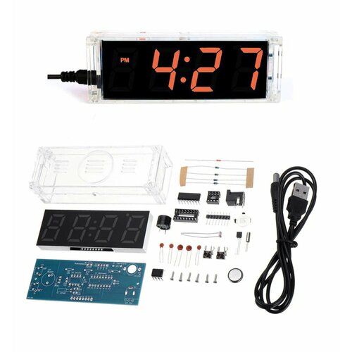 Набор для самостоятельной пайки и сборки (конструктор) Цифровые светодиодные часы - термометр / будильник оранжевые с корпусом питание 5В (У)