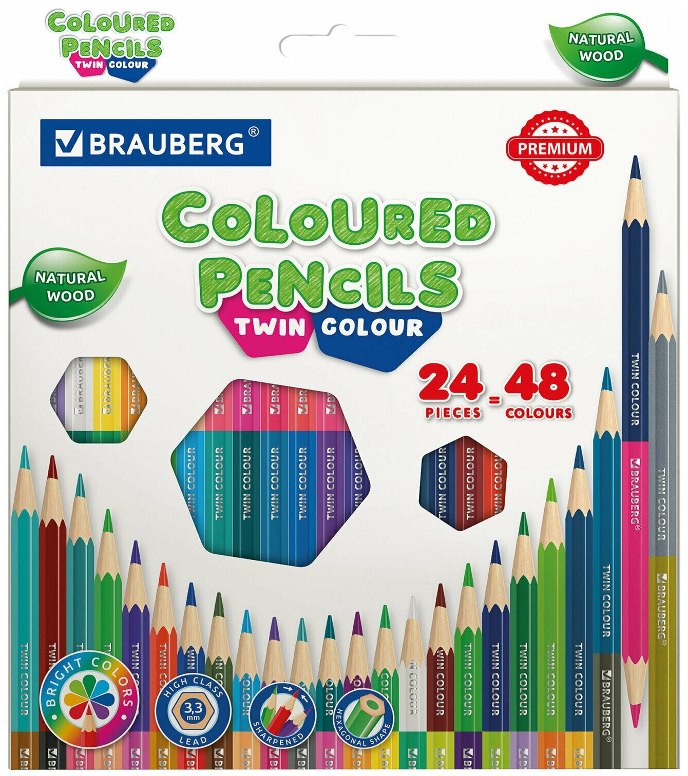 фото Карандаши деревянные цветные для рисования мягкие двусторонние Brauberg Premium Twin Colour, 24 штуки, 48 цветов, 181875