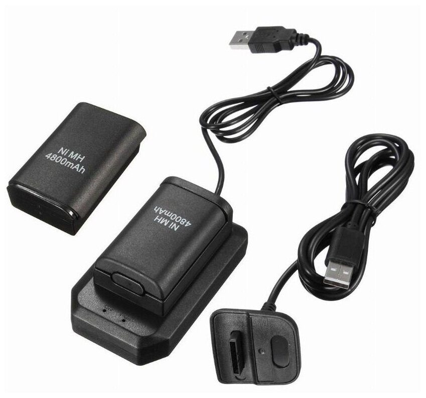 Аккумулятор/сменная батарея 4800 mAh для геймпада/джойстика/контроллера Xbox360 2шт.+зарядный кабель+зарядная станция с USB кабелем
