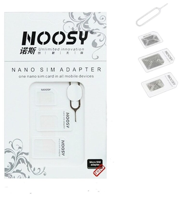 Адаптер для сим-карт Noosy 4в1 nanoSIM/microSIM/SIM/iPhone скрепка белый