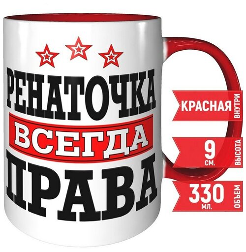 Кружка Ренаточка всегда права - красный цвет ручка и внутри кружки.