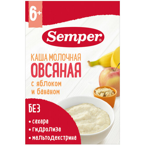 спайка 125г сады придонья каша 4 злака с яблоком бананом и малиной с пребиотиком –инулином 18шт Каша Semper молочная овсяная с яблоком и бананом, с 6 месяцев