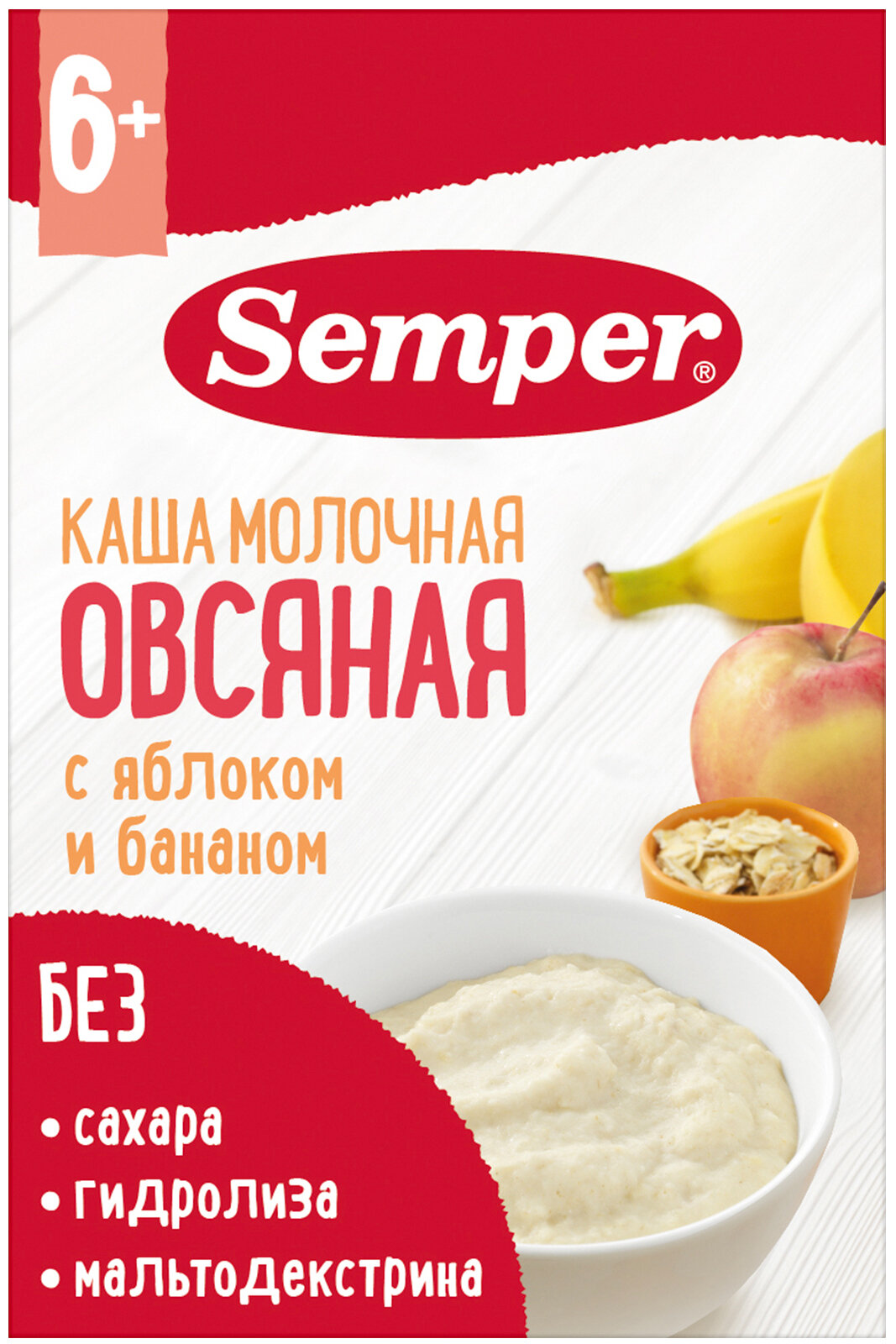 Semper - каша мол. овсяная с яблоком и бананом, 6 мес., 180гр