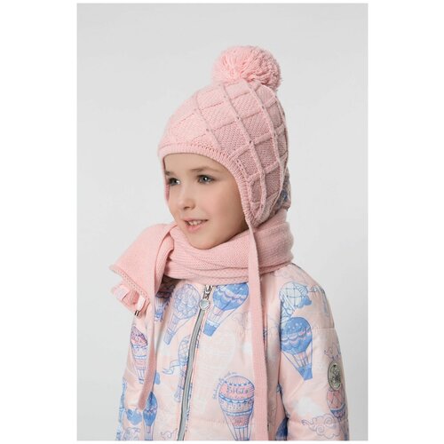 Комплект шапка и шарф для девочки Шалуны 455603 голубой 50, шапка с завязками, вязаный шарф