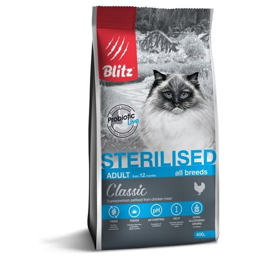 Корм для стерилизованных кошек с курицей -0,4 кг. Blitz Classic Chicken Adult Sterilised Cat All Breeds