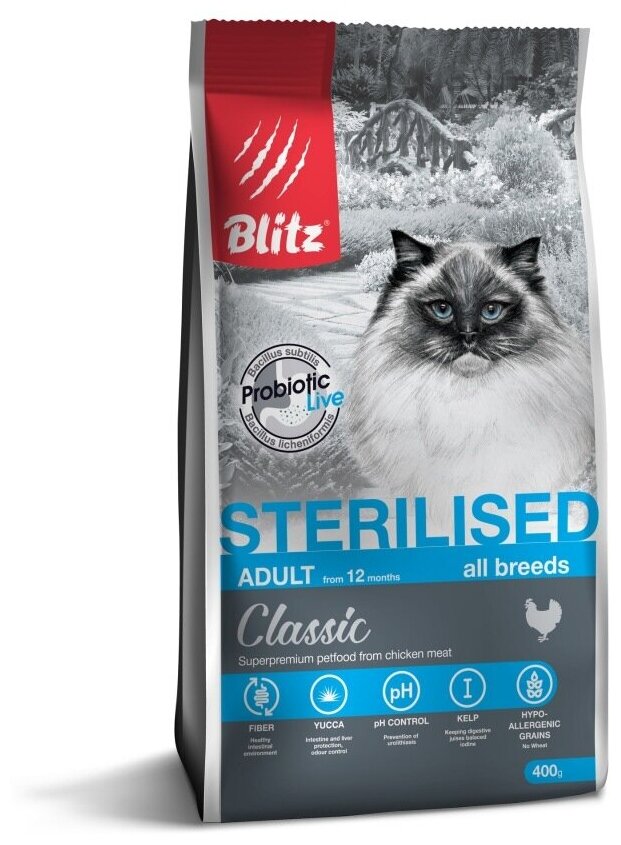 BLITZ STERILISED CATS CHICKEN сухой корм для стерилизованных кошек с Курицей 0,4 кг