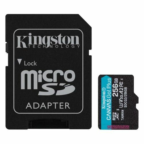 Карта памяти microSDXC UHS-I U3 Kingston Canvas Go! Plus 256 ГБ, 170 МБ/с, Class 10, SDCG3/256GB, 1 шт, переходник SD