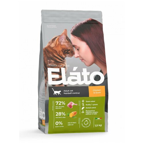 Elato Корм для кошек Holistic, с курицей и уткой, для выведения шерсти, 1,5 кг