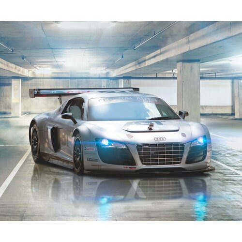Моющиеся виниловые фотообои GrandPiK Автомобиль Audi r8 на подземной парковке, 350х290 см