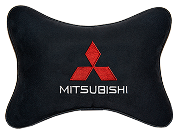 Автомобильная подушка на подголовник алькантара Black с логотипом автомобиля Mitsubishi