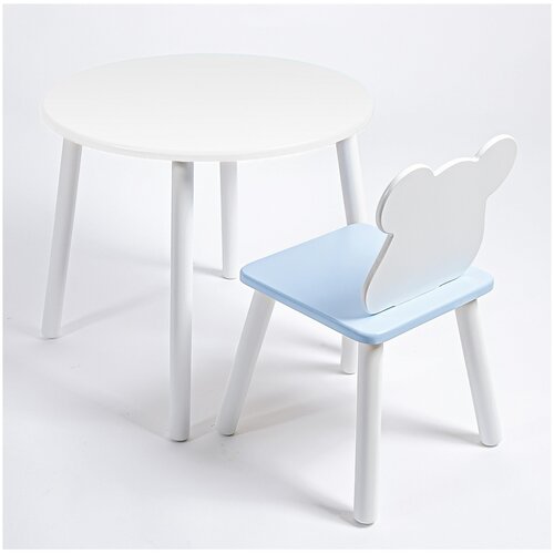 Комплект детский стол круглый и стул мишка ROLTI Baby (белая столешница/голубое сиденье/белые ножки)