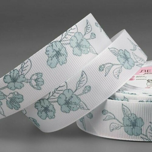 Лента репсовая Цветы 25 мм 23 1 м цвет белыйголубой 800₽
