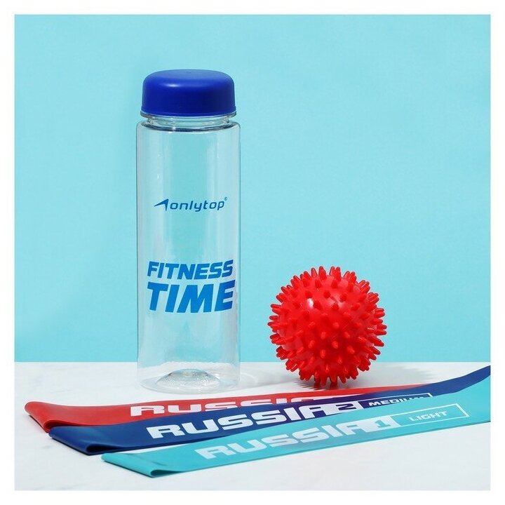 Набор ONLYTOP, для фитнеса "Россия": 3 фитнес-резинки, бутылка для воды, массажный мяч, разноцветный