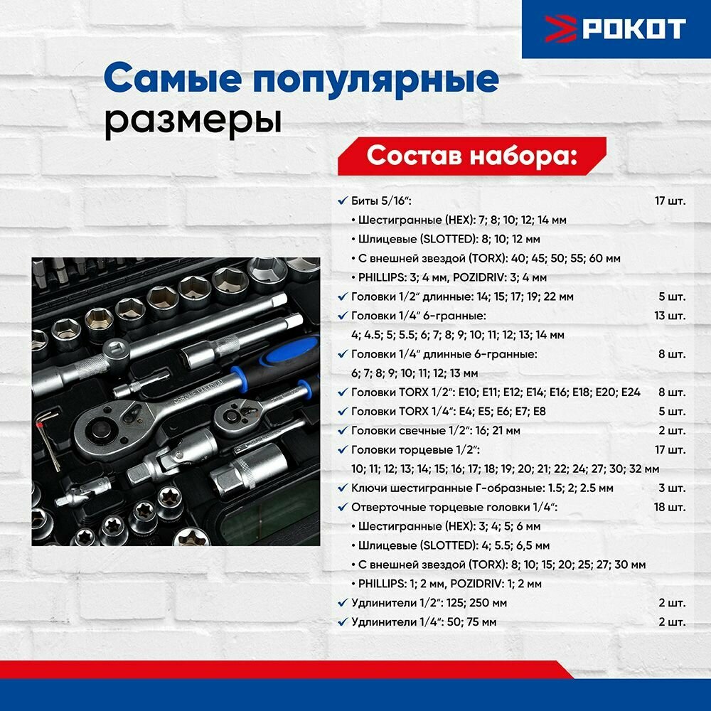 Рокот Набор автомобильных инструментов, 108 предметов, 1/4"+1/2"