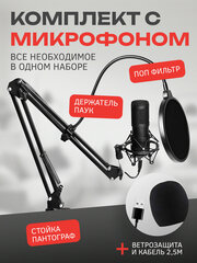Конденсаторный студийный микрофон для ПК с USB разьемом ВМ-800 со стойкой-пантографом и аксессуарами