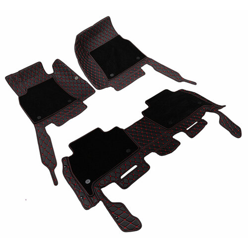 Коврики для БМВ Х5 серии Е70 (2007-2013). Автоковрики, полики BMW X5 Series, экокожа со съемным текстилем 3D/5D, Черный с красной строчкой