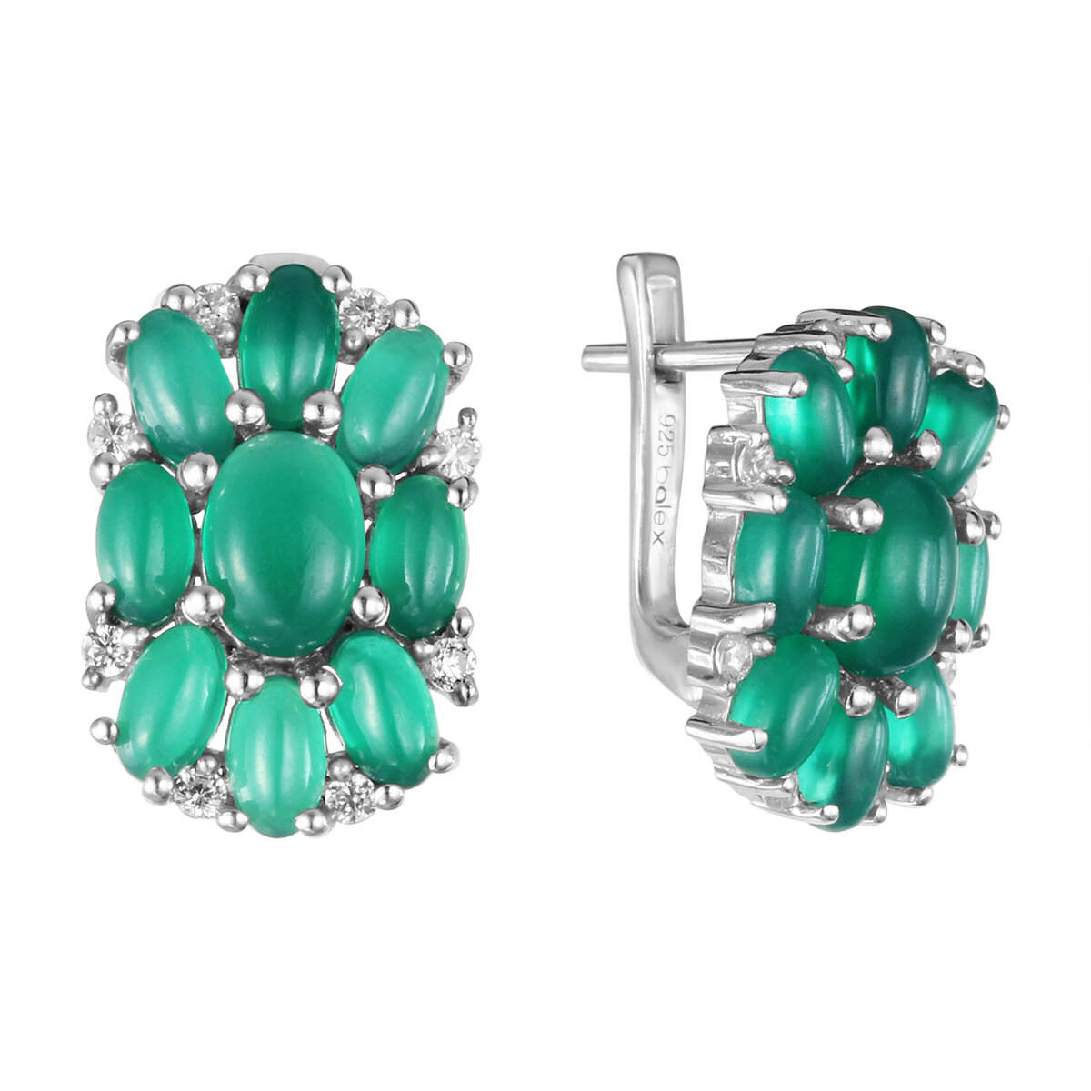 Серьги Balex, серебро, 925 проба, родирование, агат, фианит, , зеленый, серебристый