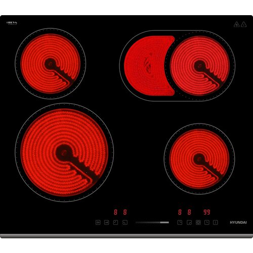 Электрическая варочная поверхность Hyundai HHE 6451 BG, Hi-Light, Слайдерное управление, 9 уровней мощности, таймер, функция паузы, скошенный передний край рамки, черный