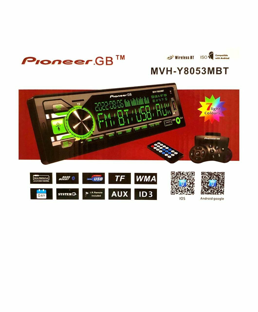 Магнитола Pioneer Y8053MBT, 1DIN, Bluetooth, с пультом на руль