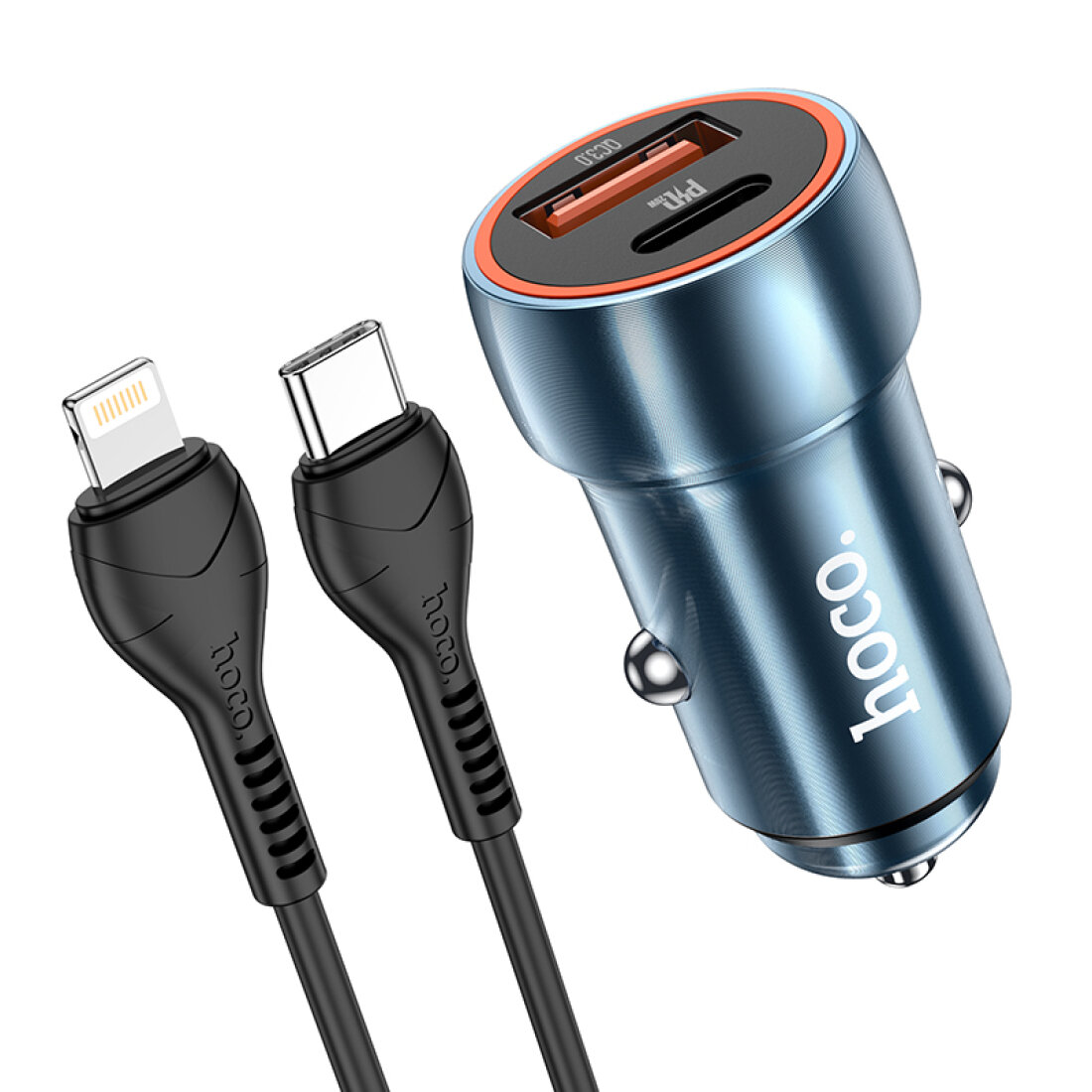 Автомобильное зарядное устройство, 1 USB QC3.0+1 PD 20W (Z46A), HOCO, кабель Type-С to Lightning, синий — фото 1
