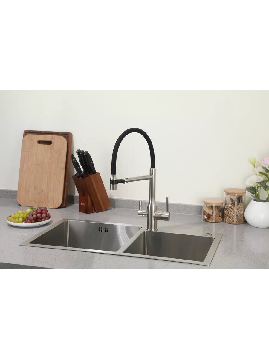 Смеситель для кухни с гибким изливом Frap F4398-5, с фильтром под питьевую воду, цвет сатиновый/черный, латунь