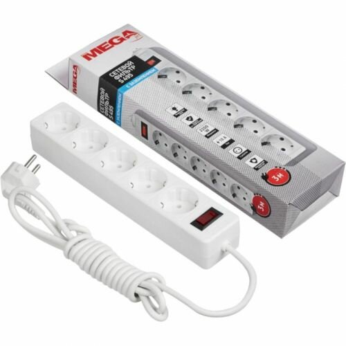 Сетевой фильтр Promega jet 5/3м с зазем10А2200 Вт автомат предохр белый