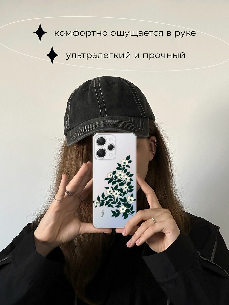 Чехол на Xiaomi Redmi 12 5G / Сяоми Редми 12 5G с принтом "Цветы с черными листьями" — фото 1