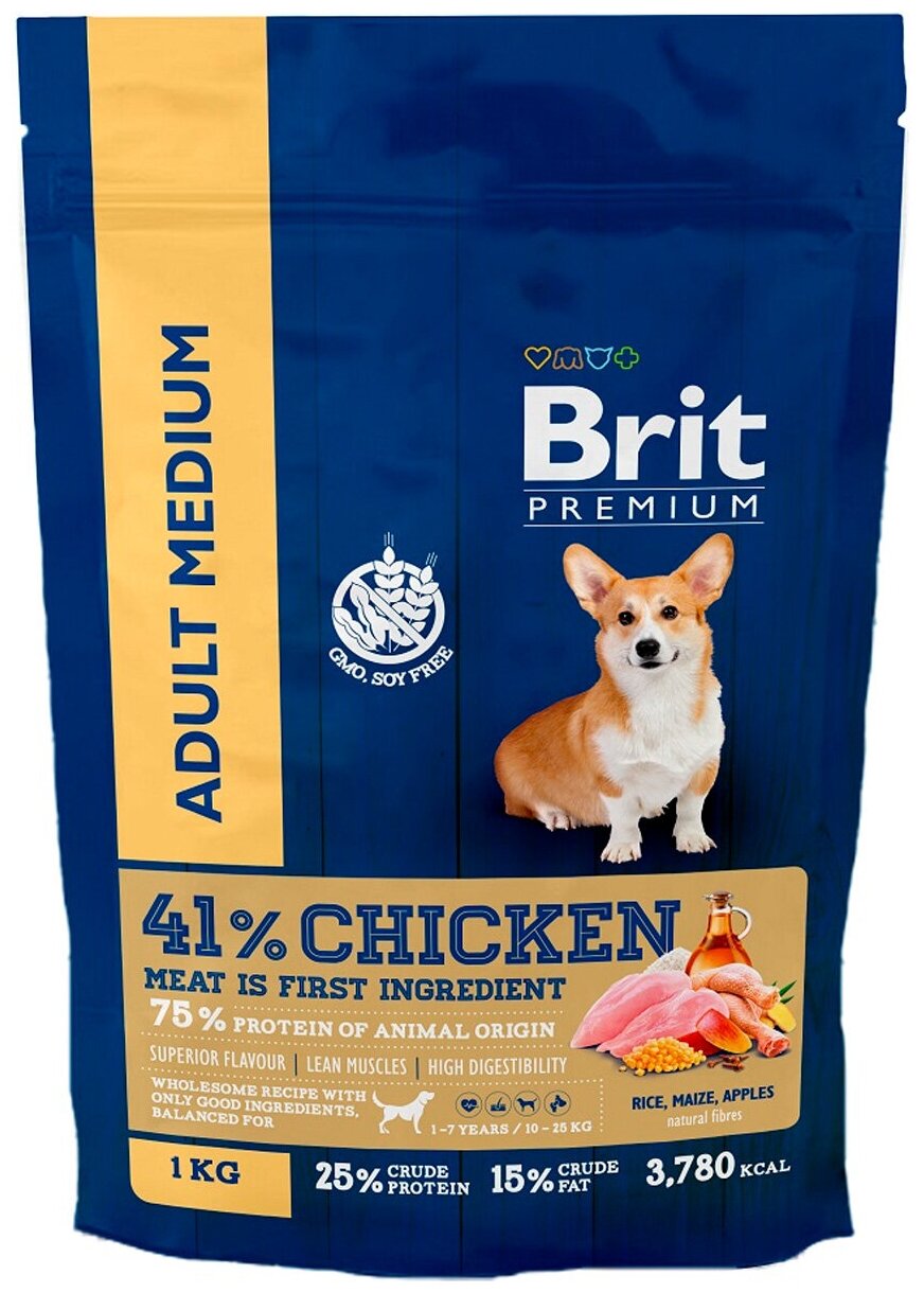 Сухой корм BRIT PREMIUM DOG ADULT MEDIUM для взрослых собак средних пород с курицей (1 кг)