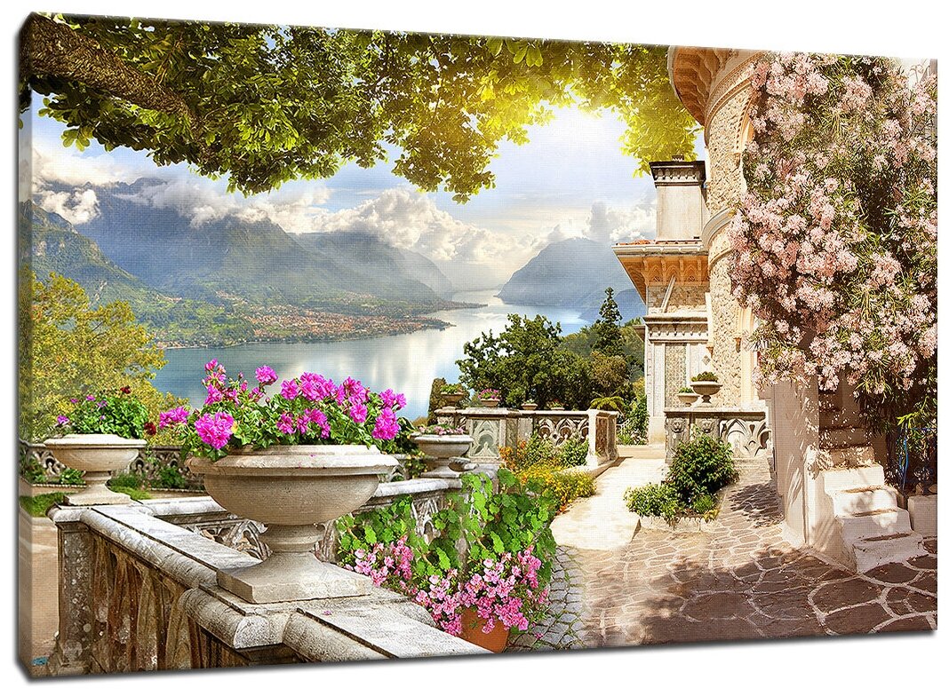Картина Уютная стена "Балкон с цветами с видом на горы" 100х60 см