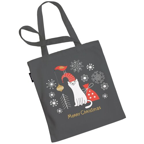 фото Сумка шоппер joyarty "новогодний котик", ткань под лен, 35x37x7 см