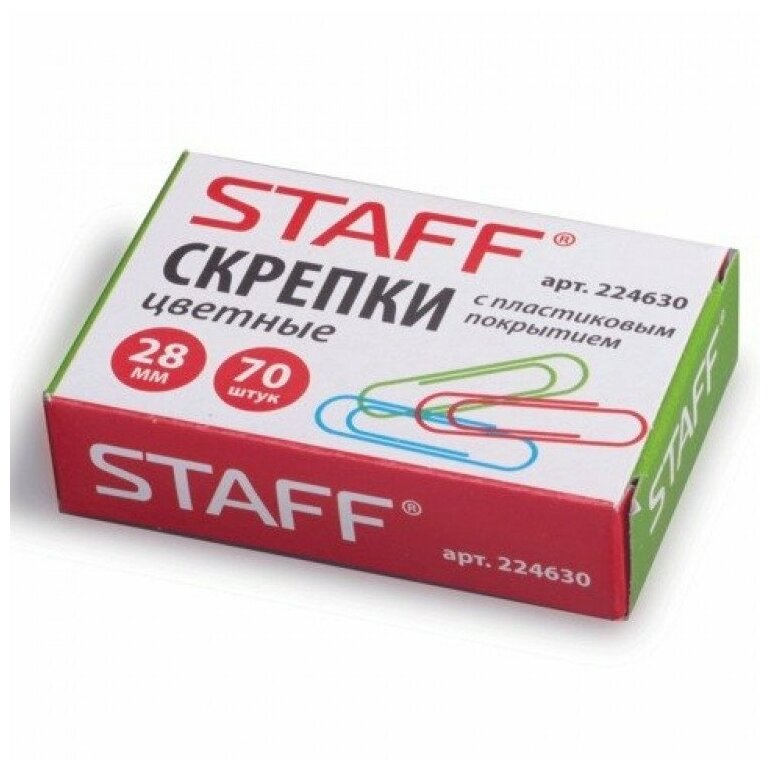 Скрепки STAFF "Manager", 28 мм, цветные, 70 шт., в картонной коробке, Россия, 224630