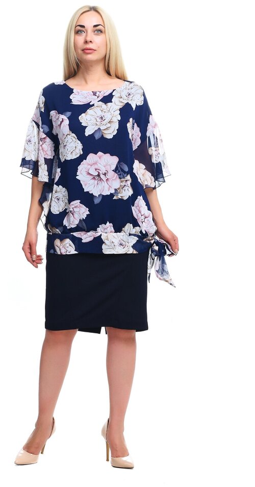 Блуза  Olsi, нарядный стиль, свободный силуэт, короткий рукав, полупрозрачная, флористический принт, размер 52, бежевый