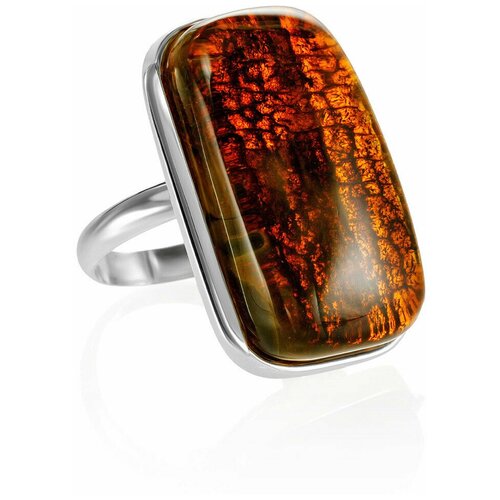 Amberholl Роскошное кольцо «Лагуна» из натурального балтийского янтаря коньячного цвета с природной корочкой