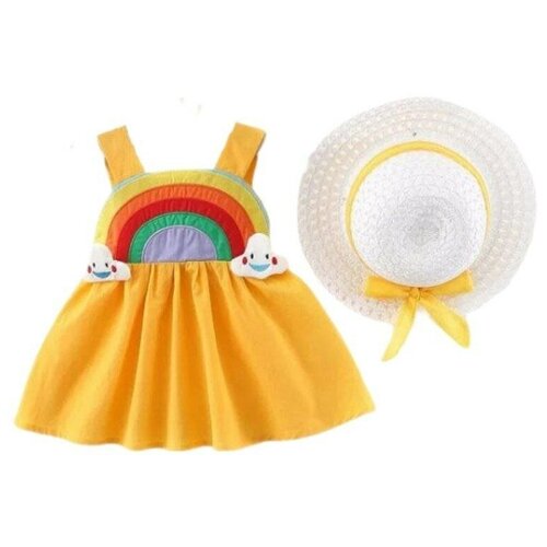 Комплект летней одежды для девочки сарафан желтый с радугой на лямках и белая шляпка с желтой лентой размер 110/ Красивый комплект одежды для девочки