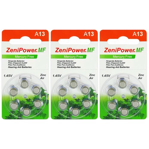 Батарейки ZeniPower 13 (PR48) для слухового аппарата, 3 блистера (18 батареек)
