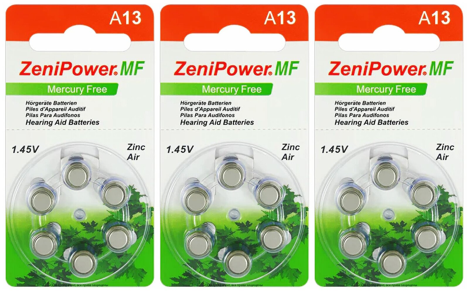 Батарейки ZeniPower 13 (PR48) для слухового аппарата 3 блистера (18 батареек)