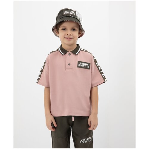 фото Футболка-поло с лампасами и большим принтом на спине gulliver, цвет нюдовый, размер 110